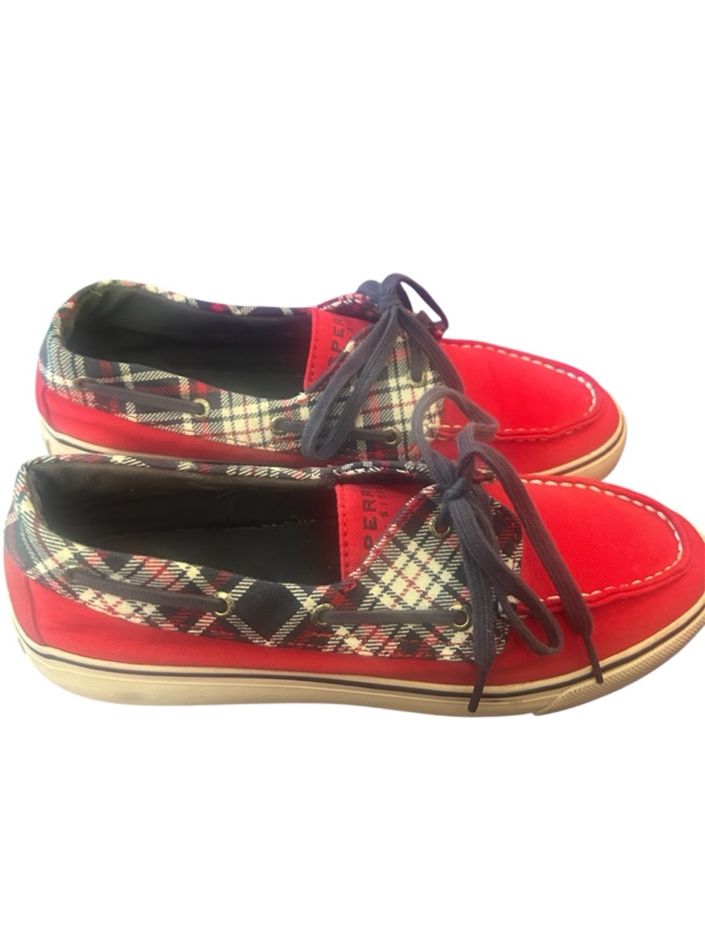 Sperry Bahama Red Plaid-Trim Canvas Top Siders Shoes